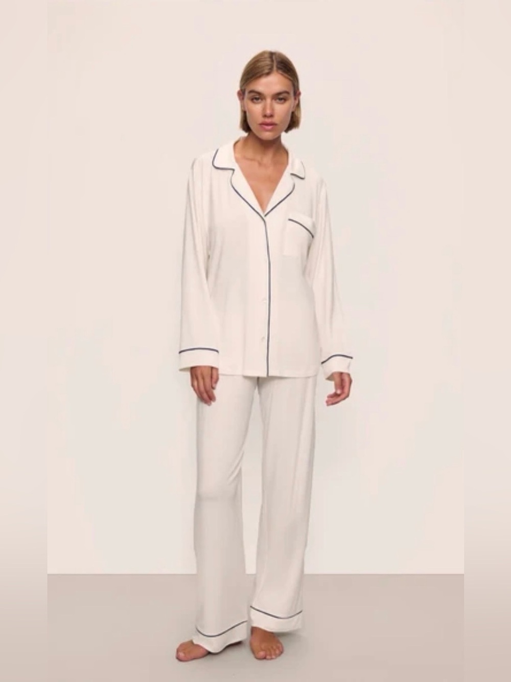 Eberjey Cream Pajama Set with Navy Trim